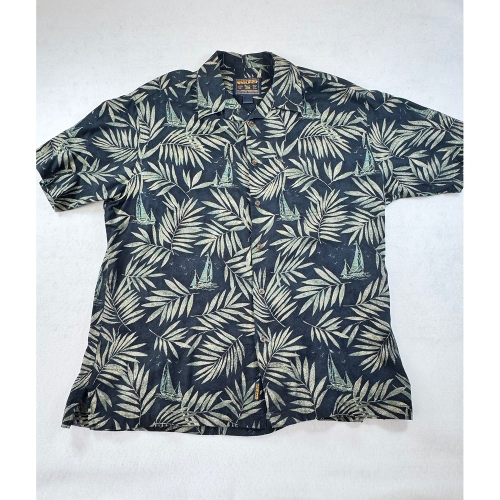 Woolrich John Rich & Bros Mens XL Cotton Palm‎ Sailboat Tropical Camp Shirt Navy